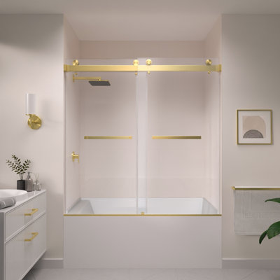 Porte de douche coulissante double sans cadre Catalyst en or brossé avec verre transparent 3/8 po de l 56 po x H 60 po Catalyst