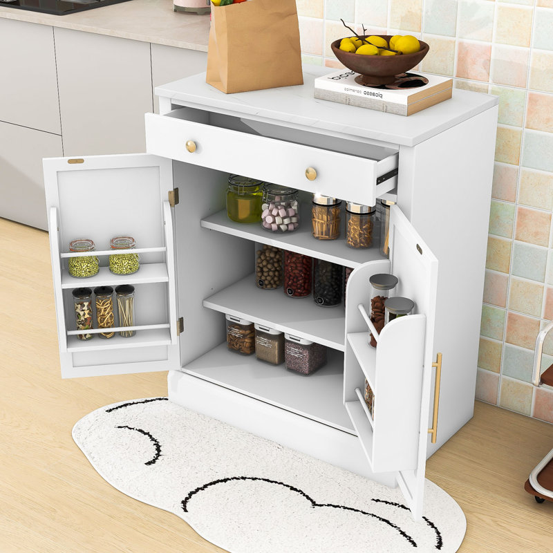 Kitchen Pantry with Faux Marble Top, Adjustable Shelves, Pull-out Drawer and Cabient, White