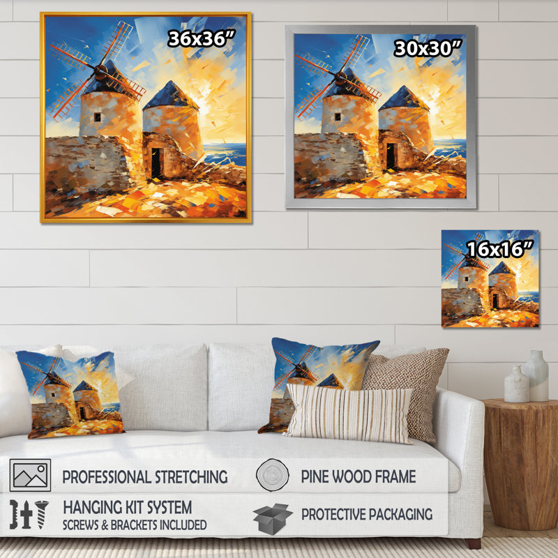 Windmill Evening Glow Sunset - Wind Turbines, art mural, H 36 po x l 36 po x P 1,5 po, Cadre simple noir