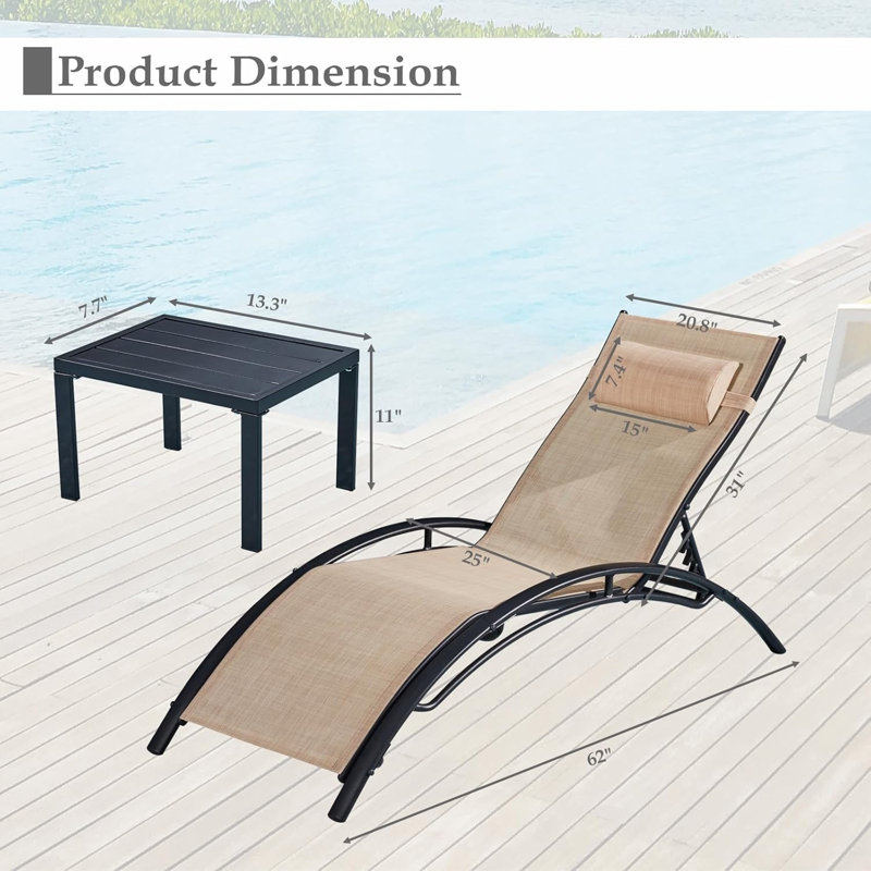 Outdoor Chaise Lounge Set of 3, Reclining Patio Chairs with Side Table, Poolside Tanning Chairs with Armrests and Headrest, All-Weather Outdoor Furniture for Backyard, Deck, Khaki