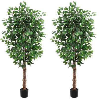 2 pièces 6 pi ficus artificiel avec tronc en bois naturel, faux ficus en pot de plastique