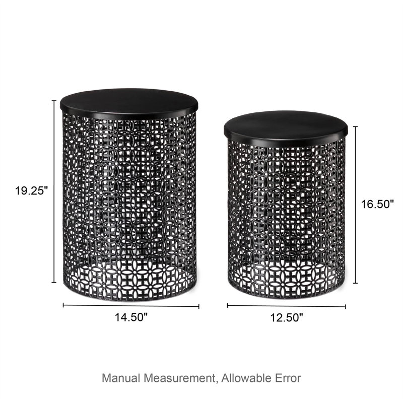 Set of 2 Garden Side Tables - Heavy Duty Metal Frame Stools, Glossy Black