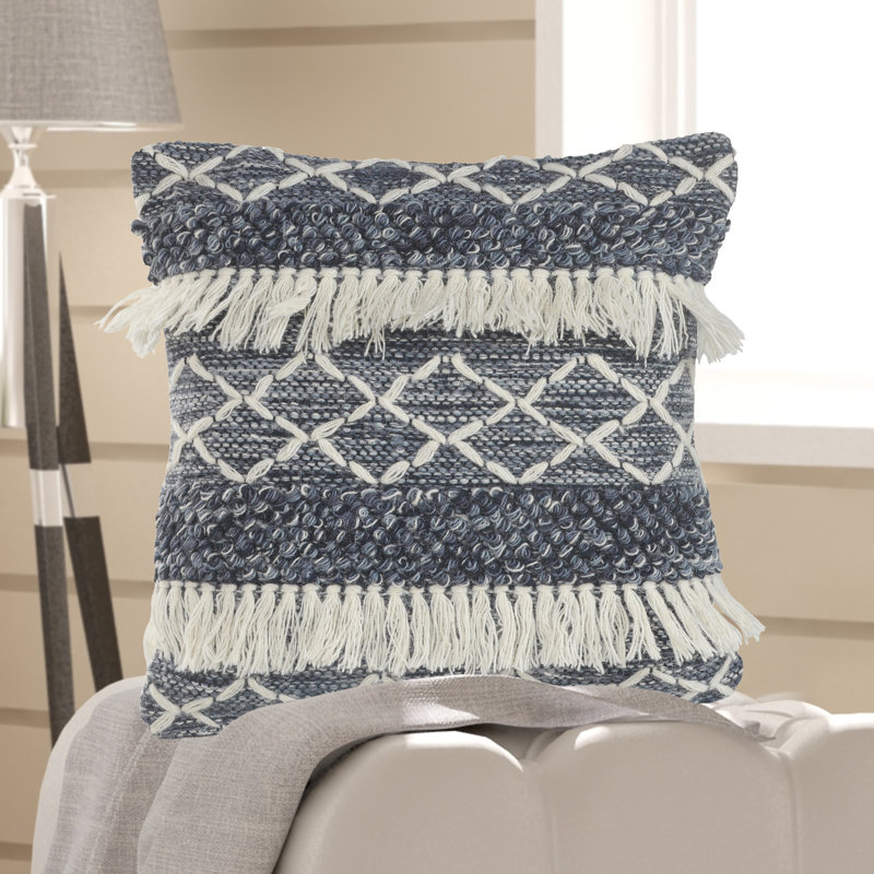 Striped Fringed Wool Geometric Throw Pillow Cover, Blue/White, Polyester/Polyfill