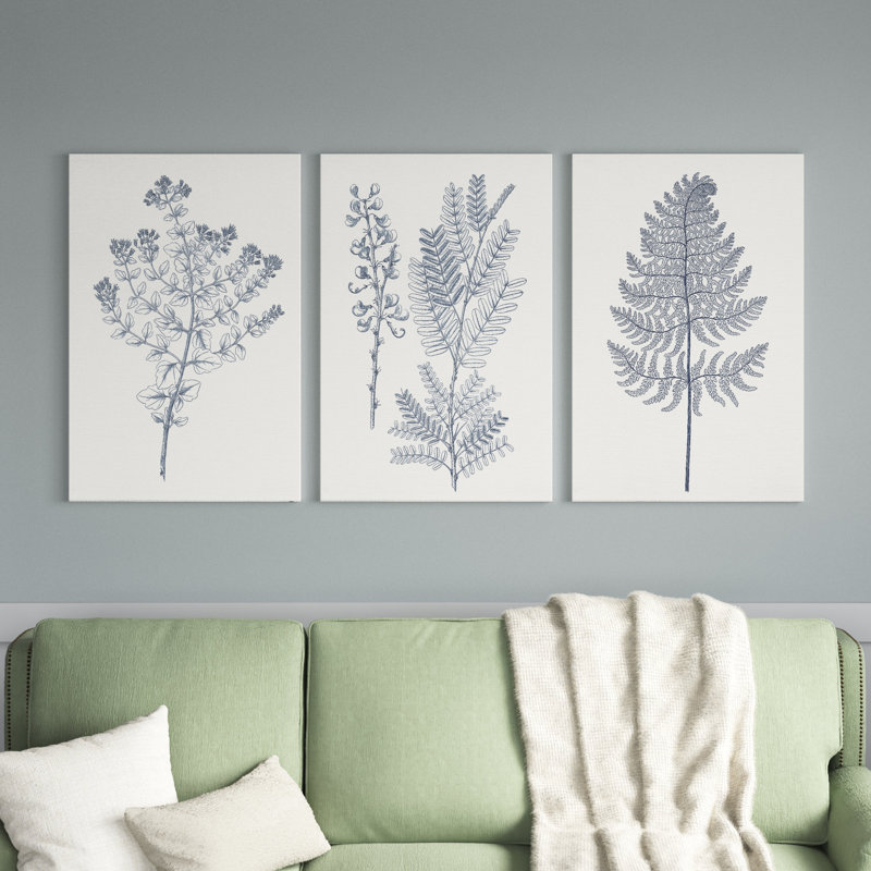 Indigo Botany Study VI - Ensemble de 3 peintures sur toile tendue, H 36 po x l 24 po x P 1 po
