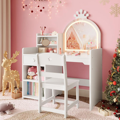 Make Up Vanity Table and Chair Set with Mirror and Lights, Makeup Vanity Desk with Drawer and Open Storage Shelves, Wooden Dressing Table for Bedroom by Gemma Violet