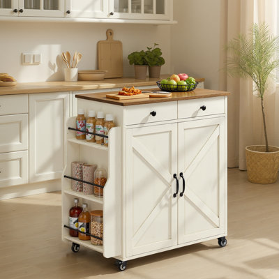 Rolling Cart With Spice Rack, Kitchen Island With Cabinet, 17.7 X 36.5 X 36 Inches, White And Brown by 17 Stories