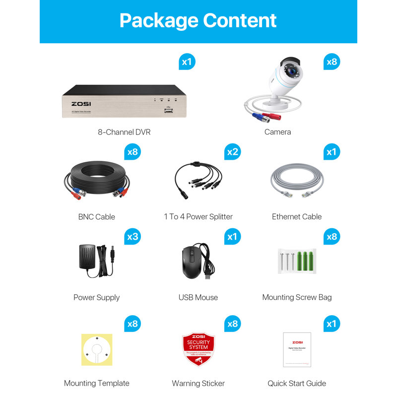 Système de caméra de sécurité 8CH 2MP 1080P DVR extérieur avec détection humaine, vision nocturne de 80 pieds, Blanc