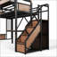 Twin XL Size Industrial Metal Loft Bed with Built-in Desk & Power Outlet, LED Strip, Metal Loft Bed Frame with Pegboard & Mesh Storage Baskets, Storage Stairs with Wardrobe, Black