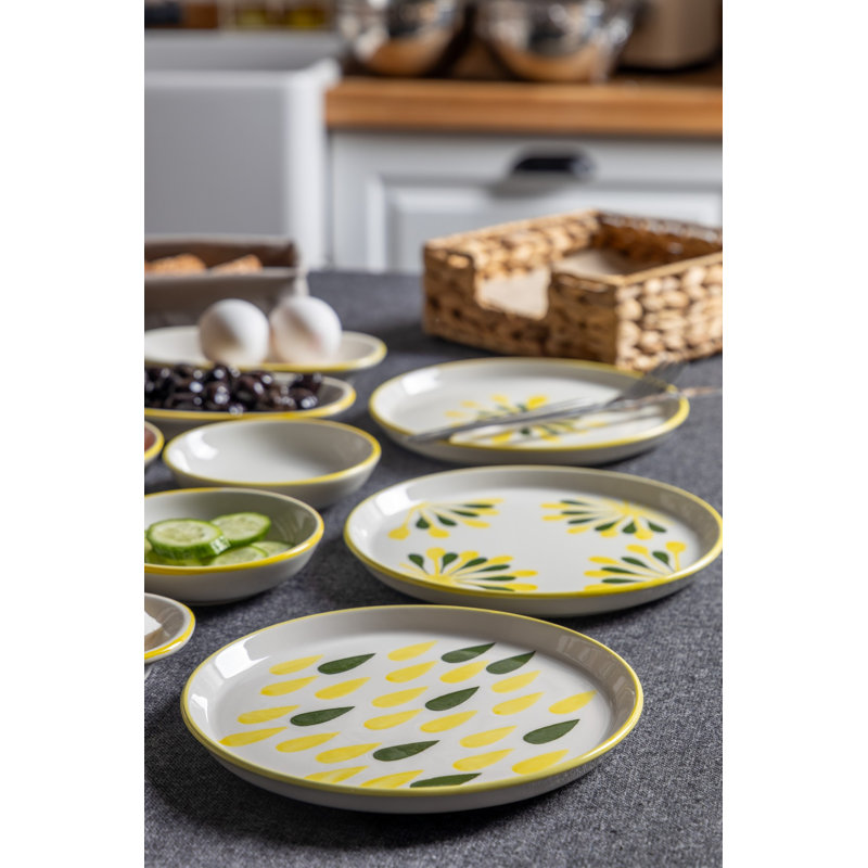 Ensemble de petit-déjeuner en céramique 14 pièces, vert | Comprend 6 assiettes à déjeuner rondes (7,5 po), 2 plateaux de présentation ovales (9,3 x 4 po), 2 ovales olive (9 x 2,4 po), 4 porte-sauces (4,5 x 4,5 po) | Lavable au lave-vaisselle et empilable, parfait pour les repas et les réceptions