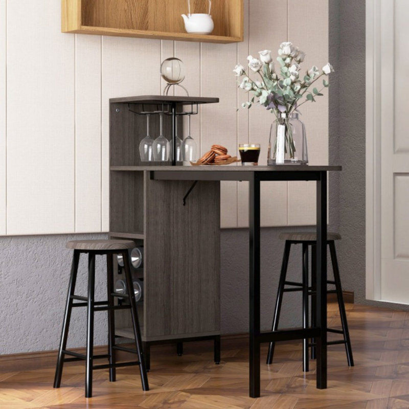 3 Piece Bar Table and Chairs Set with 6-Bottle Wine Rack