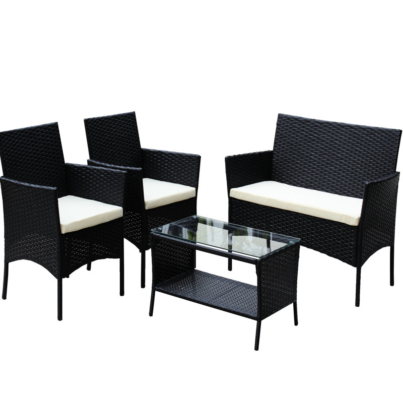 Mobilier de patio extérieur 4 pièces - beige avec coussins, inclus, fauteuils, table à thé avec verre trempé, coussins, plateau de table en verre, avant-gardiste