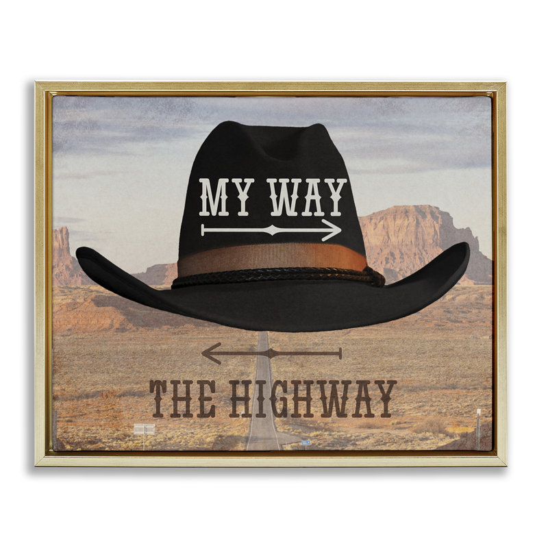 Cadre flottant My Way or Highway Cowboy, design par Marcus Prime, H 25 po x l 31 po, Cadre flottant métallique doré