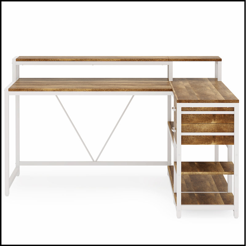 Bureau de bureau en L de 55 pouces avec élévateur de moniteur, tiroirs et tablettes de rangement, bureau d'ordinateur de coin pour les petits espaces, table d'écriture de style maison de campagne