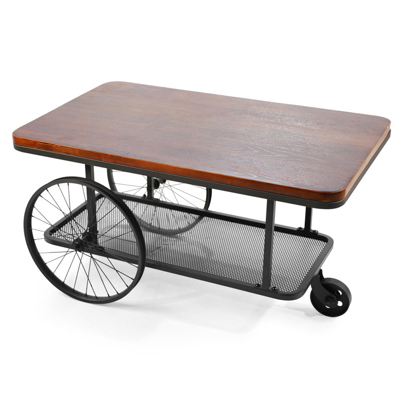 Black Factory Cart Coffee Table, Vintage Center Table With Wheels For Living Room, Rectangular, Metal Frame And Wood Top, Farmhouse, 39.37 Inches, Rustic Black/Brown