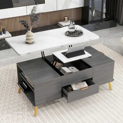 Table, table basse multifonctionnelle à plateau relevable moderne avec tiroirs en gris et blanc