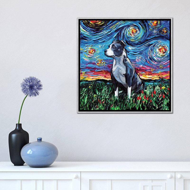 « Pitbull Night » par AJA trier, reproduction d’art, H 18 po x l 18 po x 1,5 po, Toile avec cadre argenté, Pas de tapis