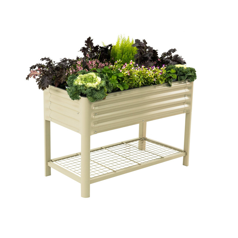 32" Tall 48" Long Metal Outdoor Elevated Planter, Pearl White