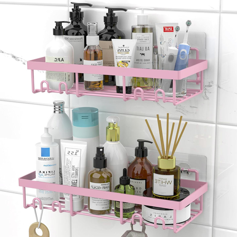 Support de rangement pour tablette de douche, panier de tablettes de salle de bain auto-adhésif, Rose
