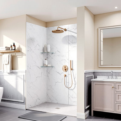 Shower Wall Panels, 60" W x 32" D x 80" H, 0.2" (5 mm) Thick, 4-Panel Waterproof SPC Shower Surround Kit, Quick Install and Trimmable Bathroom Tub Wall Panel Surround Kit with 4 Glass Shelves