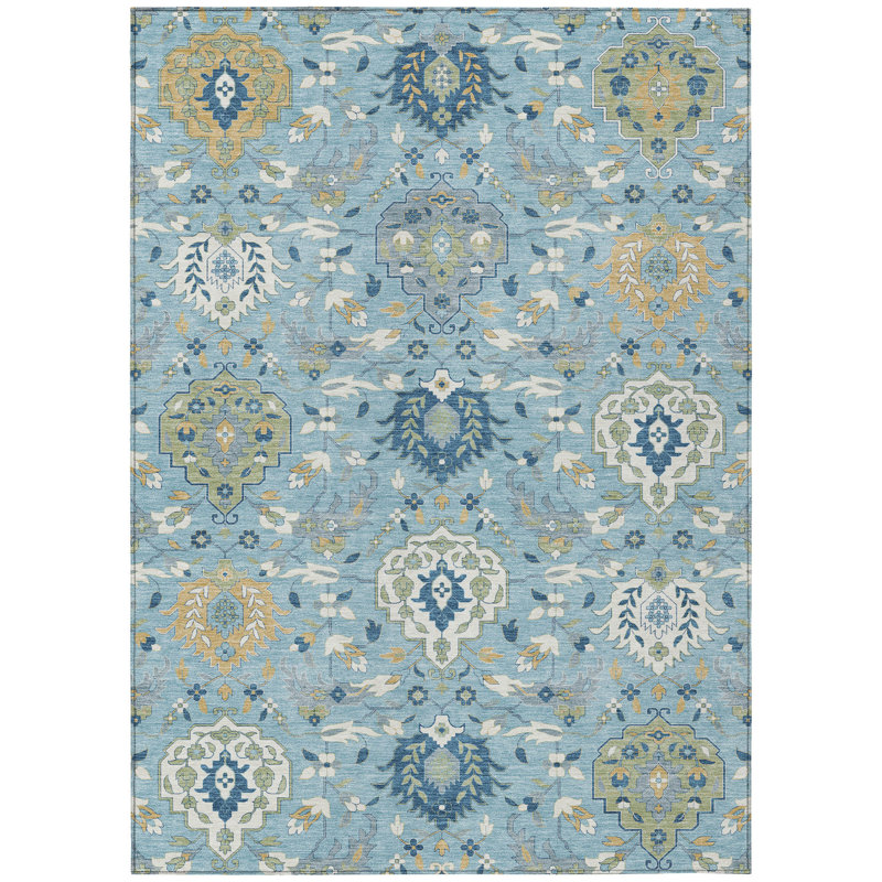 Tapis lavable intérieur / extérieur ivoire et doré 10 pi x 14 pi bleu ciel