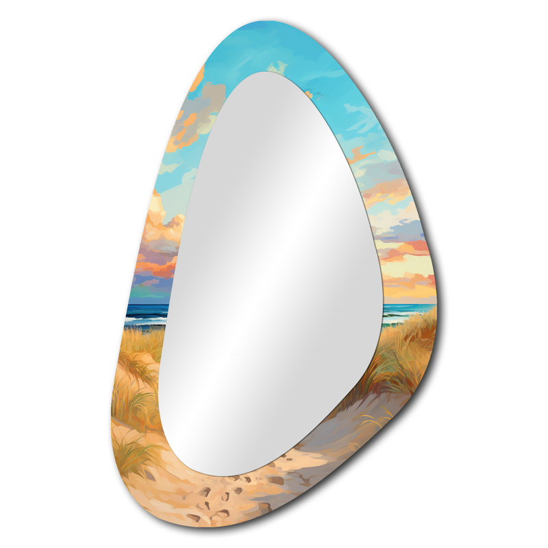 Beach Tranquility Ocean In Spring - grand miroir mural de forme unique plage, miroir décoratif asymétrique bleu, impression d'art en métal