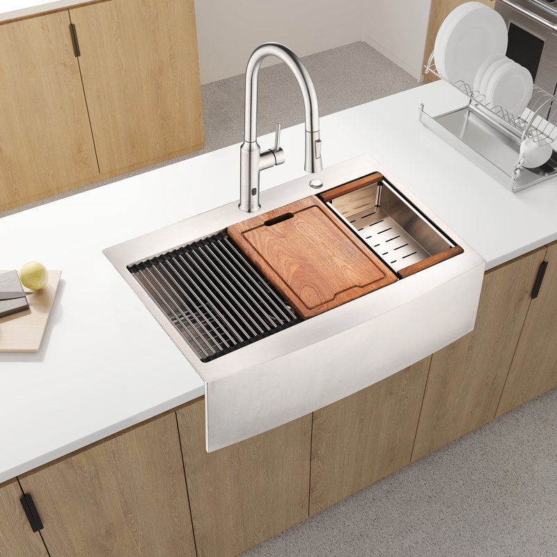 Évier de cuisine avec poste de travail - Acier inoxydable 33 x 22 x 10 po, nickel brossé, bosselé T304, acier de calibre 16 33 x 22 x 10 po, durabilité et fonctionnalité durables