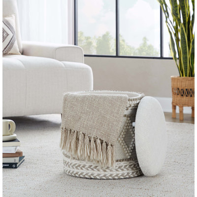Repose-pieds de rangement 18 po en laine tissée à la main beige avec motif touffeté et noué