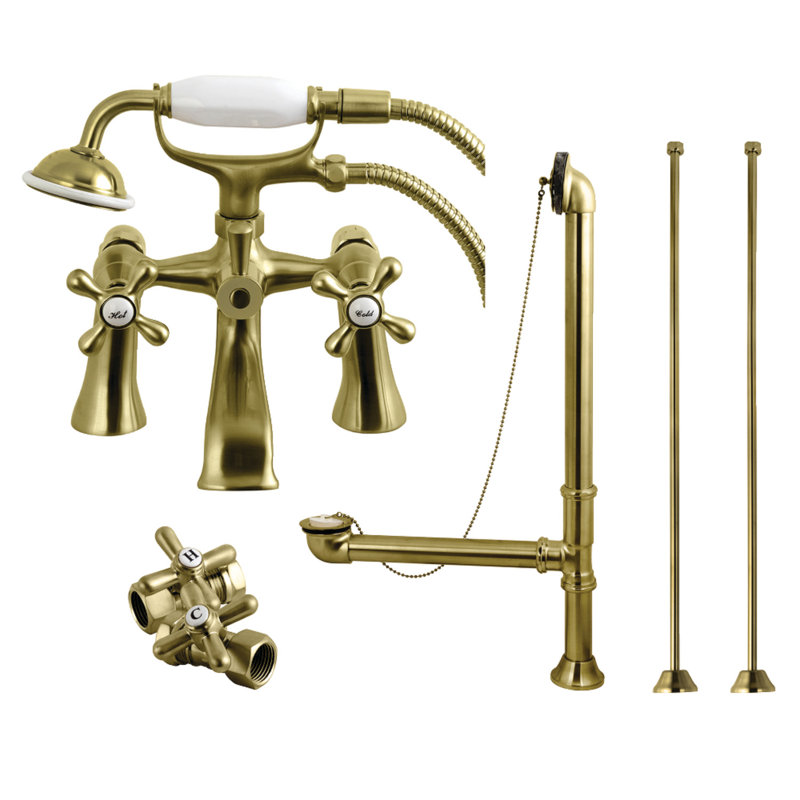 Kingston Brass Vintage Two-Handle 2-Hole Deck Mount Clawfoot Tub Faucet Package with Supply Line, Hand Shower and Tub Drain