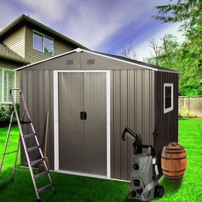 Remise de rangement extérieure en métal gris 8 pi x 6 pi - Fabrication robuste en fer galvanisé, évents perforés pour une meilleure ventilation, porte coulissante avec serrure, utilitaire d'assemblage simple en acier robuste, quatre