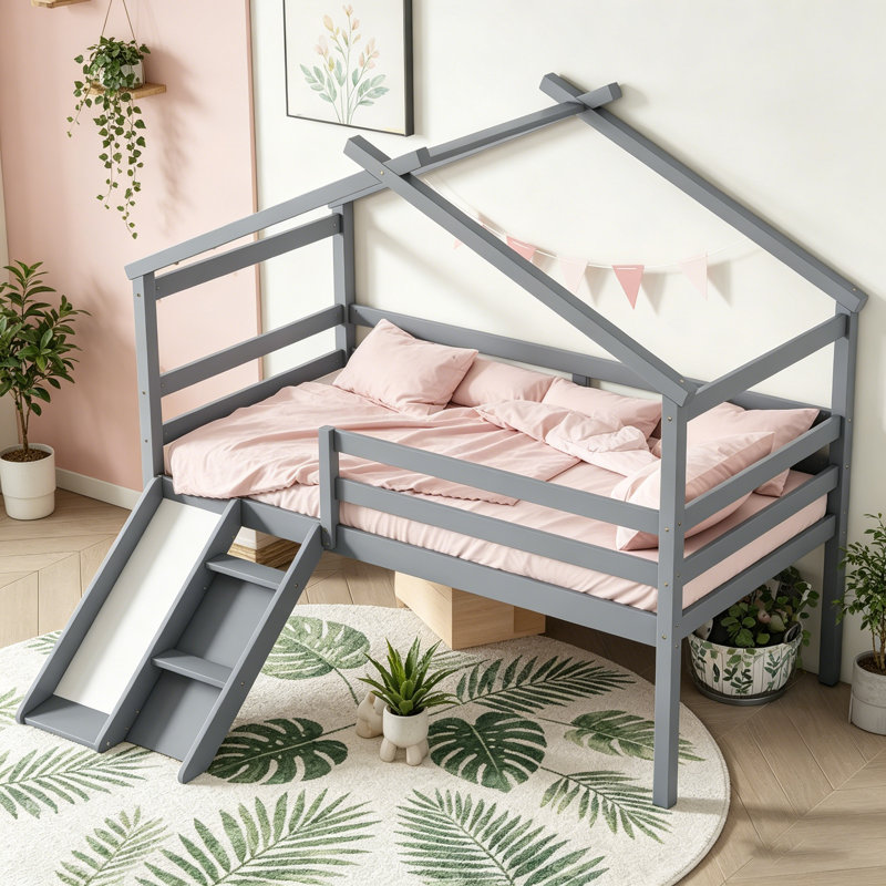 Lit simple mezzanine bas avec glissade, échelle et garde-corps de sécurité pour un sommeil amusant et sécuritaire, gris