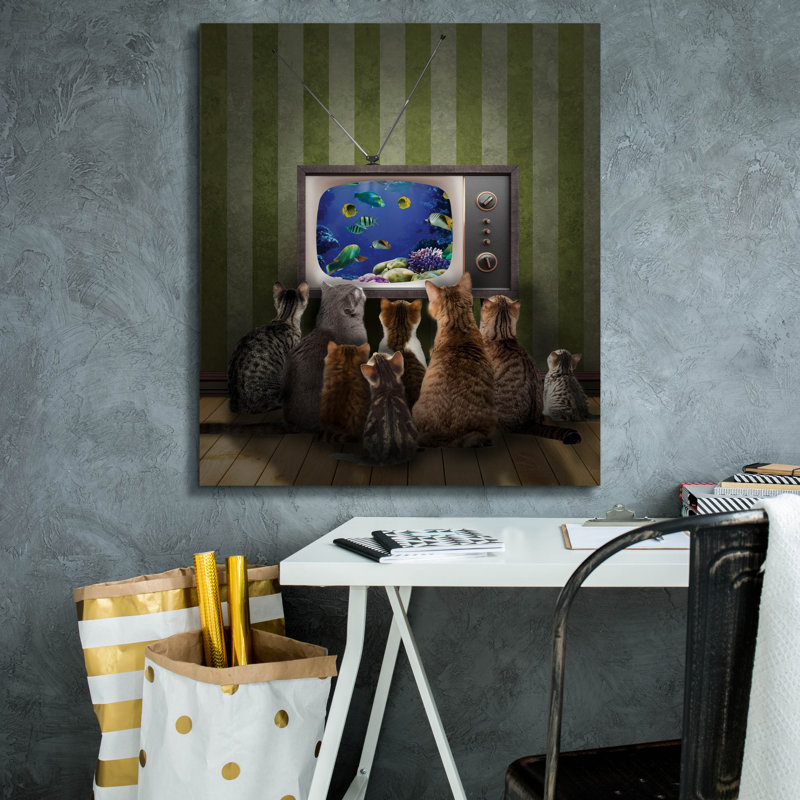  «Cats regarder la télévision» par John Hovenstine, art mural sur toile, 26 po x 30 po