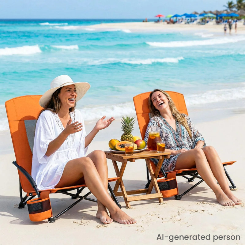 28.5″ High Back Folding Beach Chair For Adults With Carry Bag, Portable Low Beach Chair With Mesh Back & Padded Armrest, Cup Holder, Lightweight For Camping, Outdoor, Travel, 2pack, 350lbs(orange)