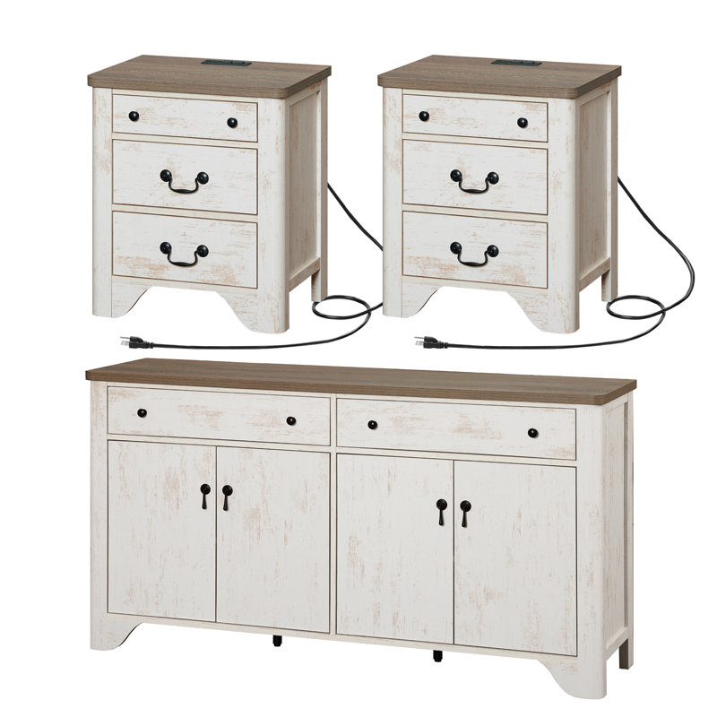  Ensemble de chambre à coucher de ferme 3 pièces Haikey, commode de 59 po de large avec 4 portes et 2 tiroirs, ensemble de table de chevet en bois de 2 avec station de charge pour le salon, le couloir, la salle à manger