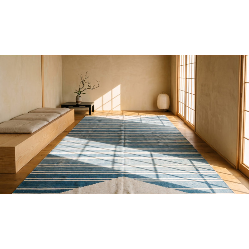White and Blue Striped Antique Long Oversized Indian Dhurrie Flatweave Rug