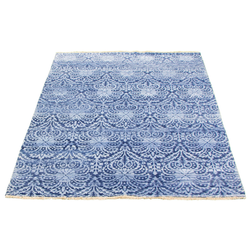 Tapis décoratif bleu/blanc en laine de conception unique 5 pi 8 po x 7 pi 10 po noué à la main New Age