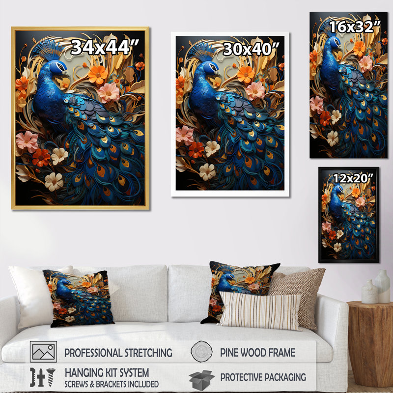 «Majestic Blooming Plumage Peacock I», reproduction sur toile, Cadre photo doré simple, H 32 po x l 24 po x P 1 po
