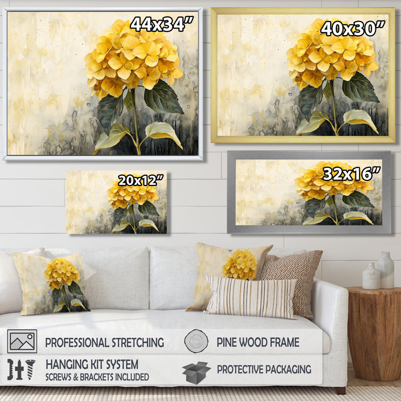 Jaune hydrangée jaune III - art mural hortensia, Impression d'un seul cadre photo, H 30 po x l 40 po, Blanc