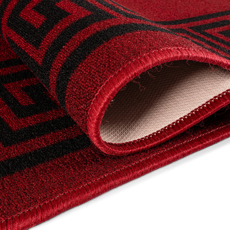 Greek-Key Red Black Non-Slip Polypropylene Area Rug — Washable Door Mat & Hallway Runner for Living Room, Kitchen & Bedroom