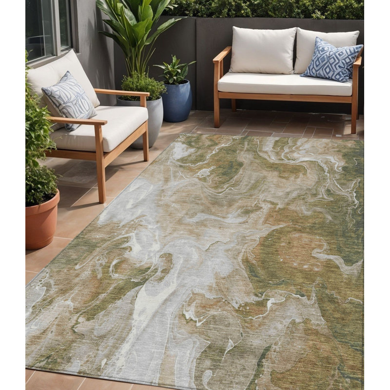 Tapis d'extérieur lavable abstrait brun et ivoire 5 pi x 8 pi