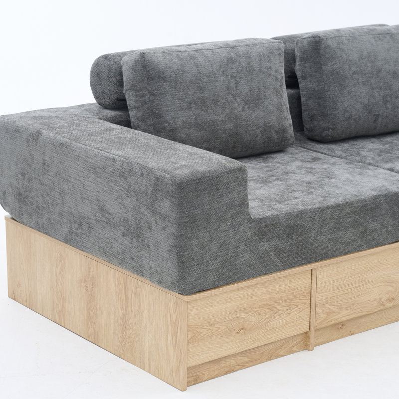 Canapé d'angle modulaire avec tiroirs de rangement, canapé multifonctionnel en forme de L avec base de rangement intégrée et table basse.