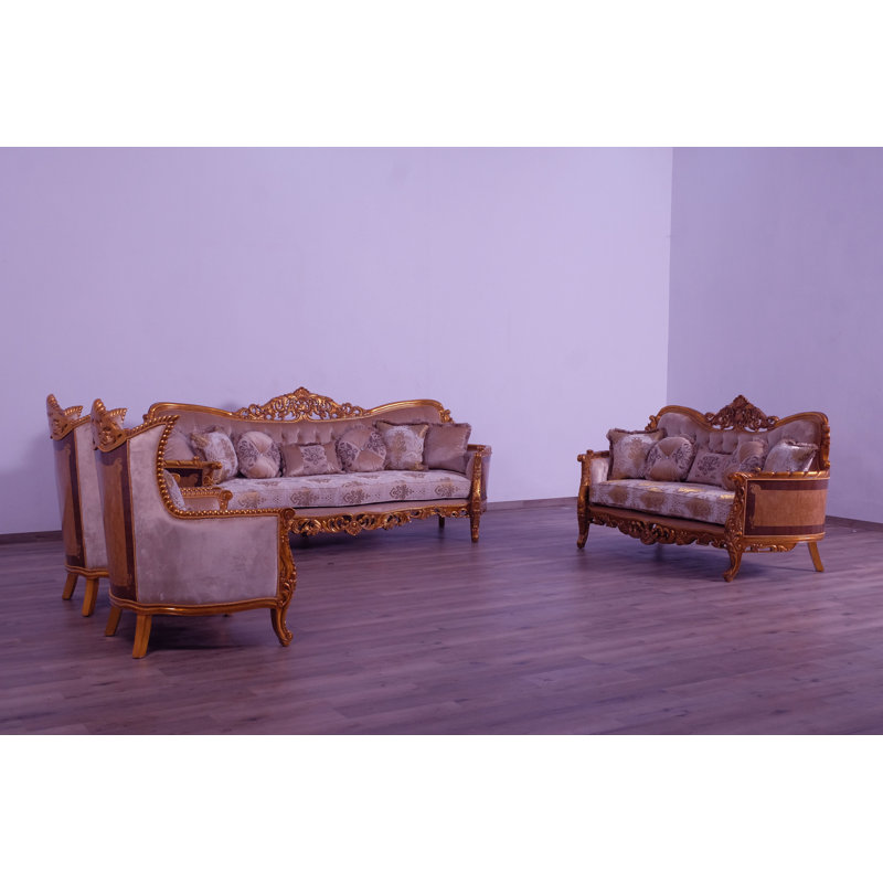 3 Piece Modigliani Sofa Red Gold Fabric, Gold/Beige/Light Brown