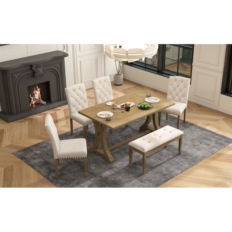 Ensemble de table de salle à manger 6 pièces, table à tréteaux rectangulaire, 4 chaises rembourrées et banc pour la salle à manger