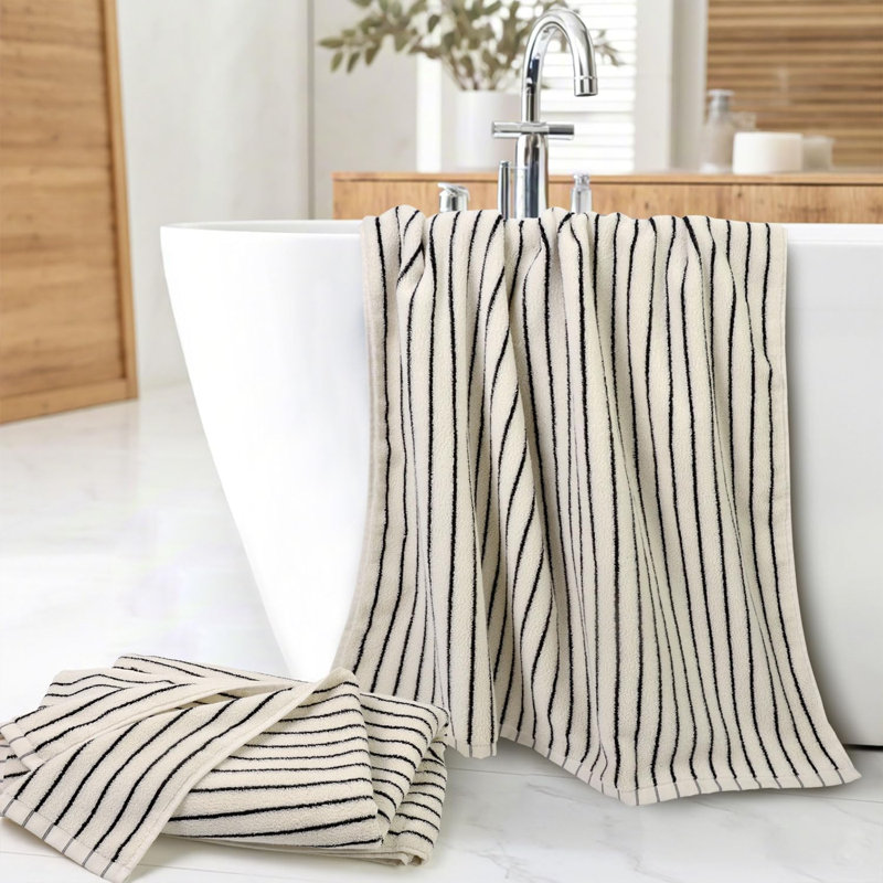 Black and Ivory Striped Bath Towels Set of 2, Lighter & Quick Dry Towels Large 27.5 x 55 inches, Bath Towels - 2 Pack