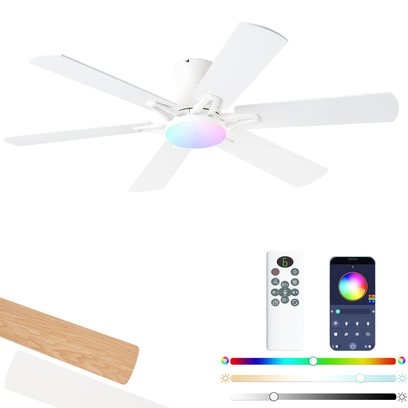 Ceiling Fans with Lights, 52" Flush Mount Ceiling Fan with Light and Remote, Quiet, Reversible, 3CCT, Dimmable, White, RGB, Low Profile Ceiling Fan for Bedroom, Living Room, Indoor/Outdoor Use