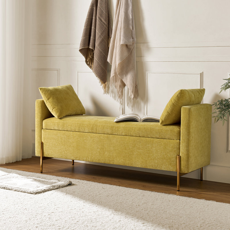 Louvenia 127cm Upholstered Flip Top Bench With Subdivided Storage and Toss Pillows, Mustard