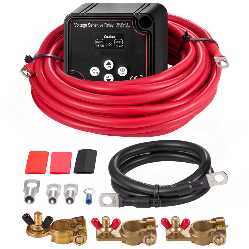 Dual Battery Isolator Kit, 12V 140 Amp 20 Ft 6AWG, Manual And Automatic VSR Voltage Sensitive Relay With Voltmeter, LCD Screen, Smart Battery Isolator, Compatible With Lithium Batteries, For UTV