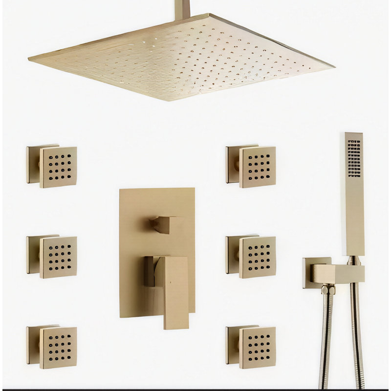 Scape Spa -Brushed Gold Square 12" Rain Head 3 Way Function Diverter Shower System