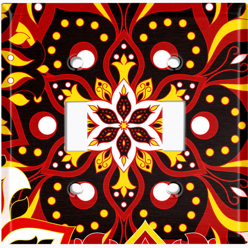 Red Black Mandala Flowers Tile Patterned 2 - Gang Toggle Light Switch Standard Wall Plate