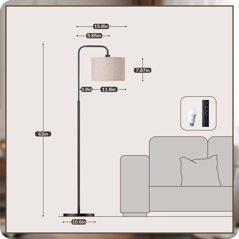 Ellingsworth 63'' Arched/Arc Floor Lamp with Dimmable Bulb and Remote Control, Black