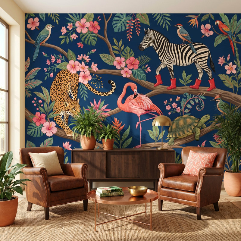 Papier peint animaux tropicaux jungle tropicale, 100 po x 96 po, Peler et coller